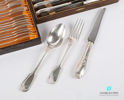 null Lot in silver plated metal including ten table knives, the handles decorated...