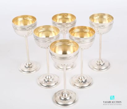 null Suite of six silver plated shot glasses standing on a round foot with doucine...