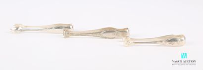 null Three silver plated sugar tongs, the first one with foliage decoration ends...