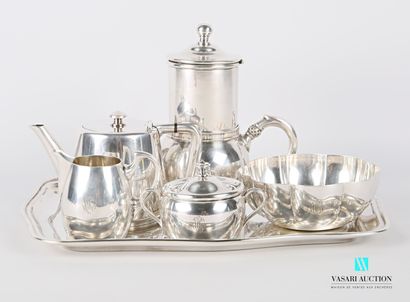 null Tea and coffee set in silver plated metal comprising a rectangular tray with...