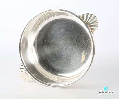 null Round bowl of plain silver plated metal posing on a flat bottom, the handles...