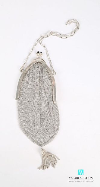 null Silver-plated metal bag with shuttle-shaped mesh ending with a pompom, the handle...