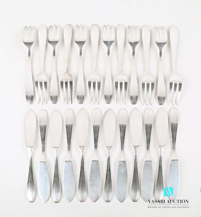 null Suite of twelve silver plated fish cutlery, the handle hemmed with bands arranged...