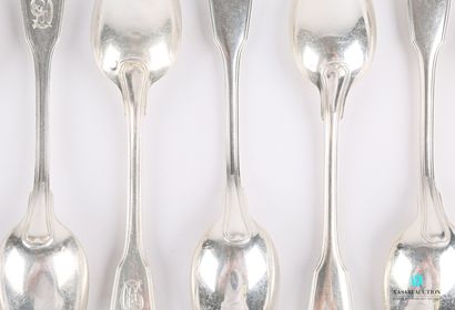 null Suite of ten silver spoons for entremet, the handle decorated with nets ended...