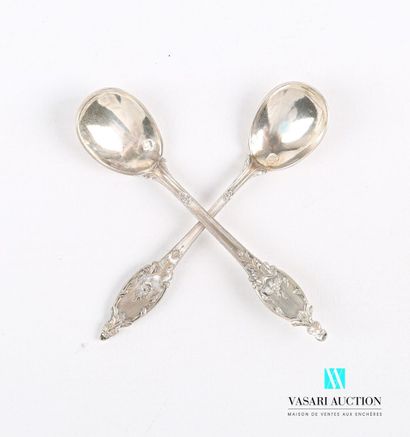 Two silver salt spoons, the handle decorated...