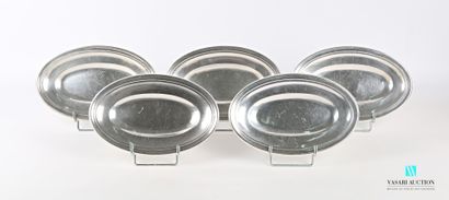 null Suite of five silver plated metal dishes of oblong form, the edge hemmed with...