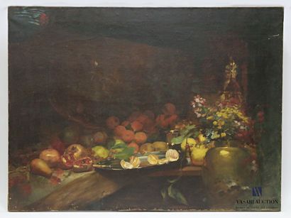 null French school of the 19th century

Still life with flowers, pomegranates and...