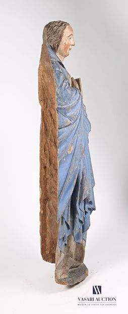 null 
Large carved and polychrome wooden Virgin, hollowed out back. Mary is standing...
