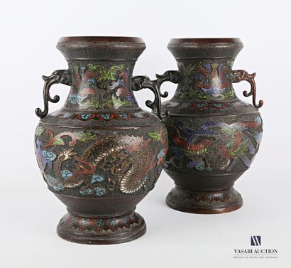 null ASIA

Pair of bronze vases of baluster form with cloisonné and champlevé decoration...