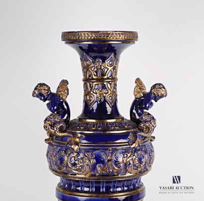 null Vase of baluster form out of earthenware tinted blue night and raised of gold,...