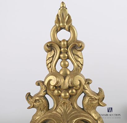 null Pair of bronze andirons featuring pearls in garland and fall inscribed in a...