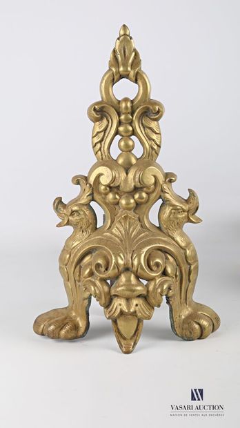 null Pair of bronze andirons featuring pearls in garland and fall inscribed in a...