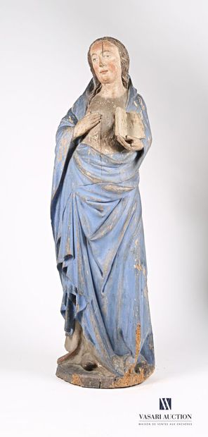 null 
Large carved and polychrome wooden Virgin, hollowed out back. Mary is standing...