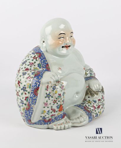 null Porcelain subject treated in polychrome representing a laughing Buddha sitting...