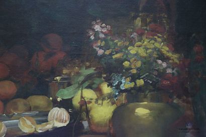 null French school of the 19th century

Still life with flowers, pomegranates and...