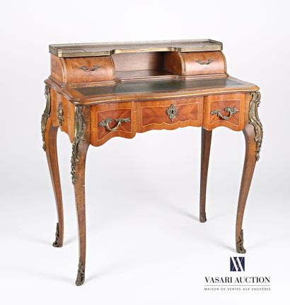 null Desk with tiered natural wood molding and veneer with inlaid framing of net,...