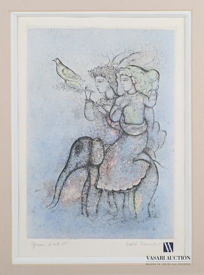 null BURMAN Sakti (1935)

Le couple à la colombe et l'éléphant 

Gravure polychrome

Signée...