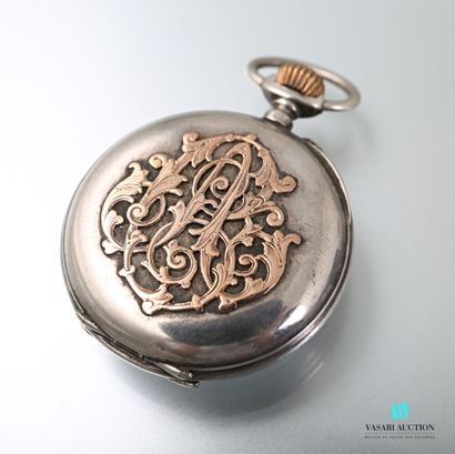 null Silver pocket watch, white enameled dial with Roman numerals for the hours and...