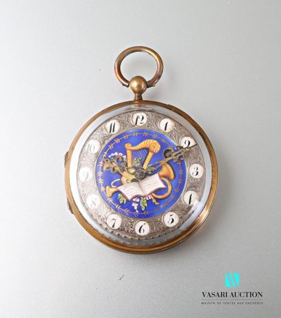 null Copper gousset watch, the round dial has in its center a polychrome enamelled...
