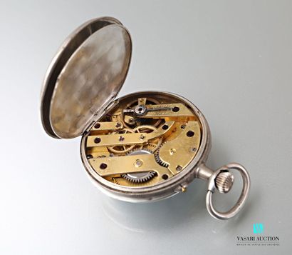 null Round silver pocket watch, the white enamelled dial has Roman numerals for the...