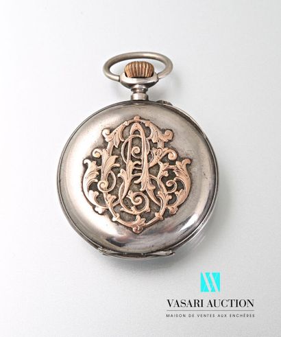 null Silver pocket watch, white enameled dial with Roman numerals for the hours and...