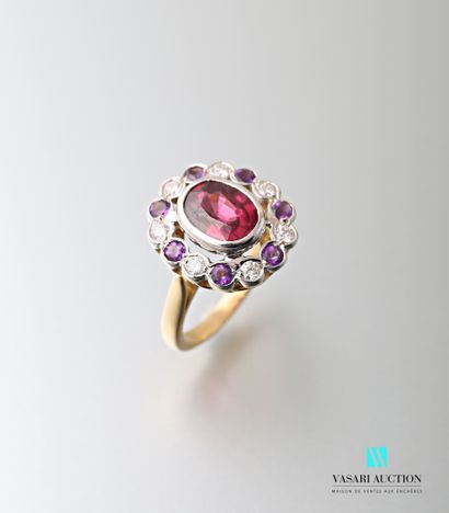 null Daisy ring in two-tone gold 750 thousandths adorned with an oval rhodolite calibrating...