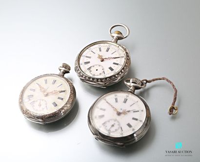 null Lot of three silver pocket watches, the hours in Roman numerals and Arabic for...