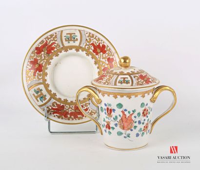 null Covered sugar bowl of truncated cone shape and its frame in porcelain with polychrome...