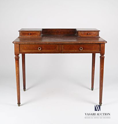 null Mahogany step desk, mahogany veneer inlaid with leaves in burr filets, the rectangular...