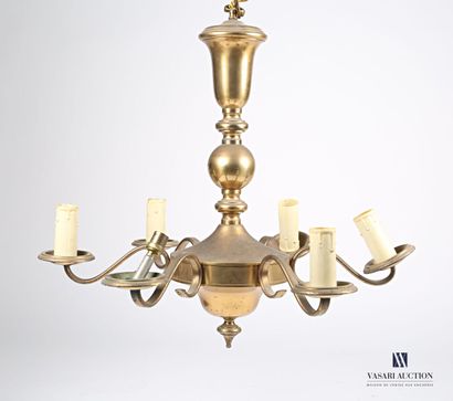 null Brass chandelier with six lights, the arms in volutes joined by a central top...