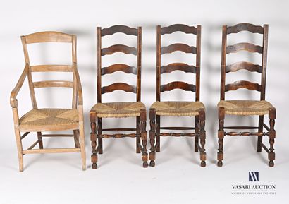 null Lot of seven mismatched chairs and an armchair in wood, the straight backs with...