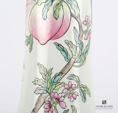 null Porcelain baluster lamp base with painted branches of peach tree on a celadon...