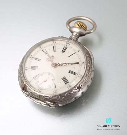 null Silver pocket watch, the cream enamelled dial has Roman numerals for the hours...