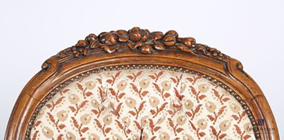 null Molded and carved oak chair, the balloon back upholstered and topped with fruit...