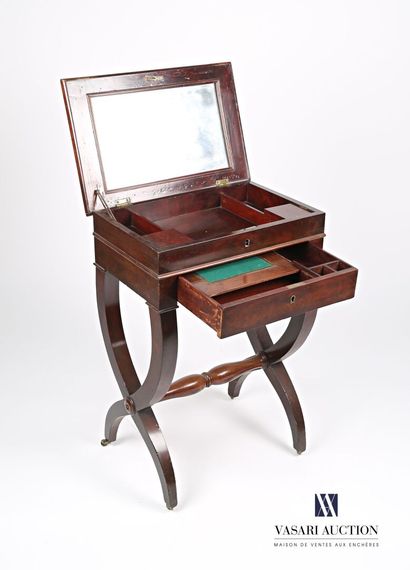null Mahogany and mahogany veneer vanity, it opens with a dark flap of a mirror revealing...