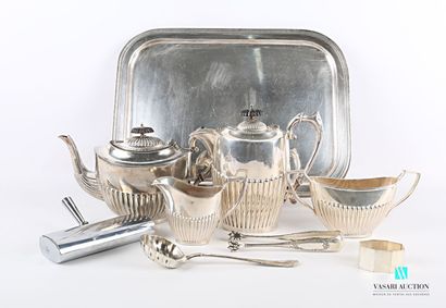 null Lot in silver plated metal including a tea service with decoration of godrons...