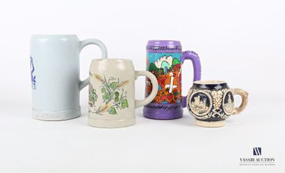 null Ceramic lot including three mugs and a cup with painted decoration of a radiant...