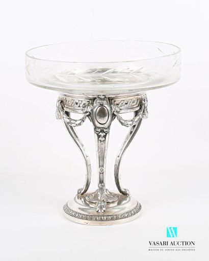 null Glass bowl hemmed with a leafy frieze, the silver-plated metal frame has an...