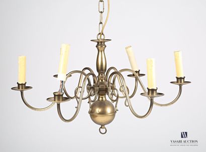 null Brass chandelier of Dutch style with six lights, the arms in volutes joined...