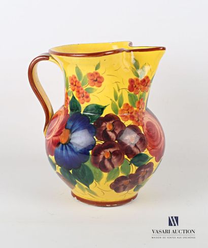 null Earthenware jug of baluster form, the neck moved, with polychrome decoration...