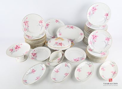 null Part of a white porcelain dinner service decorated with pink iris and gold fillet...