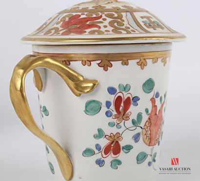 null Covered sugar bowl of truncated cone shape and its frame in porcelain with polychrome...