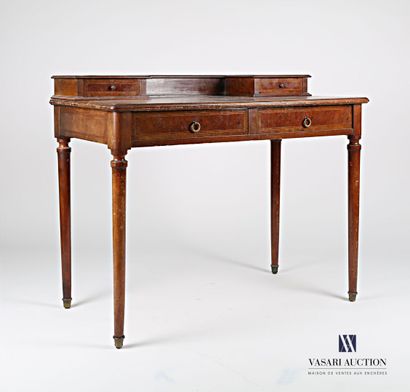 null Mahogany step desk, mahogany veneer inlaid with leaves in burr filets, the rectangular...