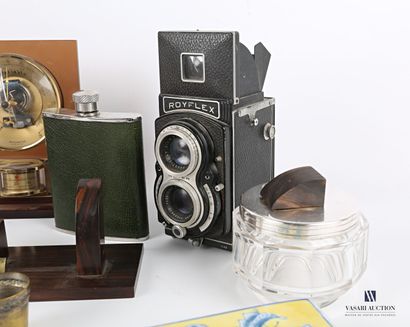 null Lot including a metal flask sheathed with green leather, a wood and brass photo...