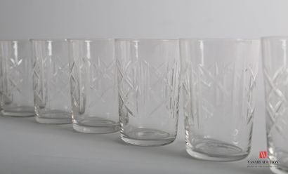 null Suite of eight glass liqueur glasses of truncated cone shape with decoration...