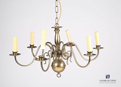 null Brass chandelier of Dutch style with six lights, the arms in volutes joined...