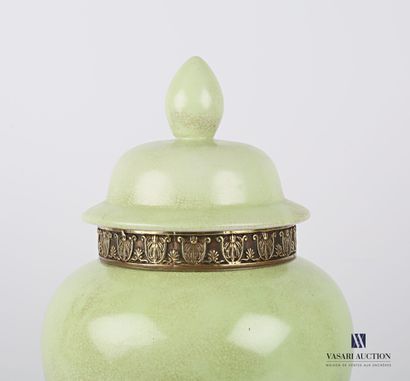 null Covered pot of baluster form in cracked porcelain tinted green anise, the lid...
