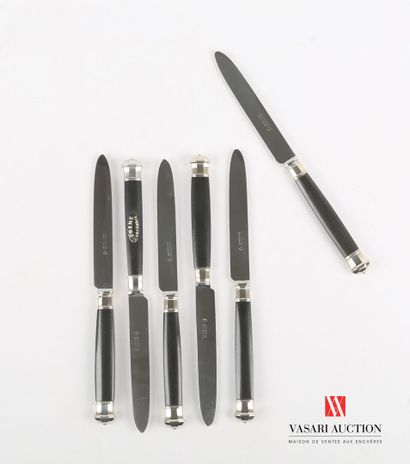 null Suite of six dessert knives, the ebony handles are embellished with silver plated...