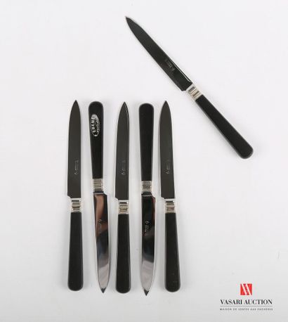 null Suite of six dessert knives, the ebony handles are embellished with silver metal...