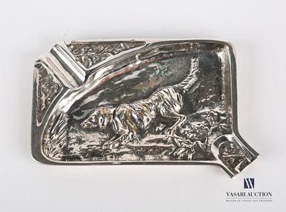 null Silvered bronze ashtray featuring a hunting dog in a frame of foliage.

Length...